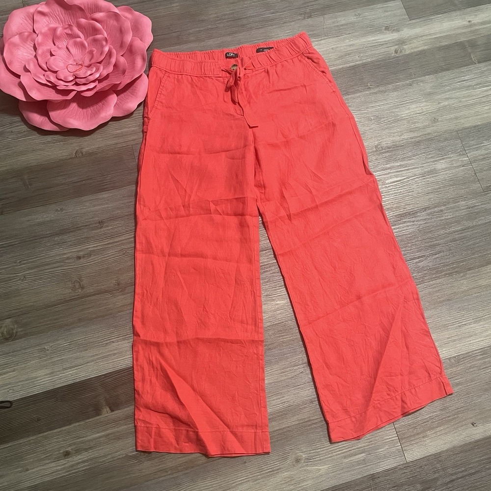 Ann Taylor LOFT Marisa 100% Linen Pants Sz M Pink Wide Leg Ankle‎ Coastal